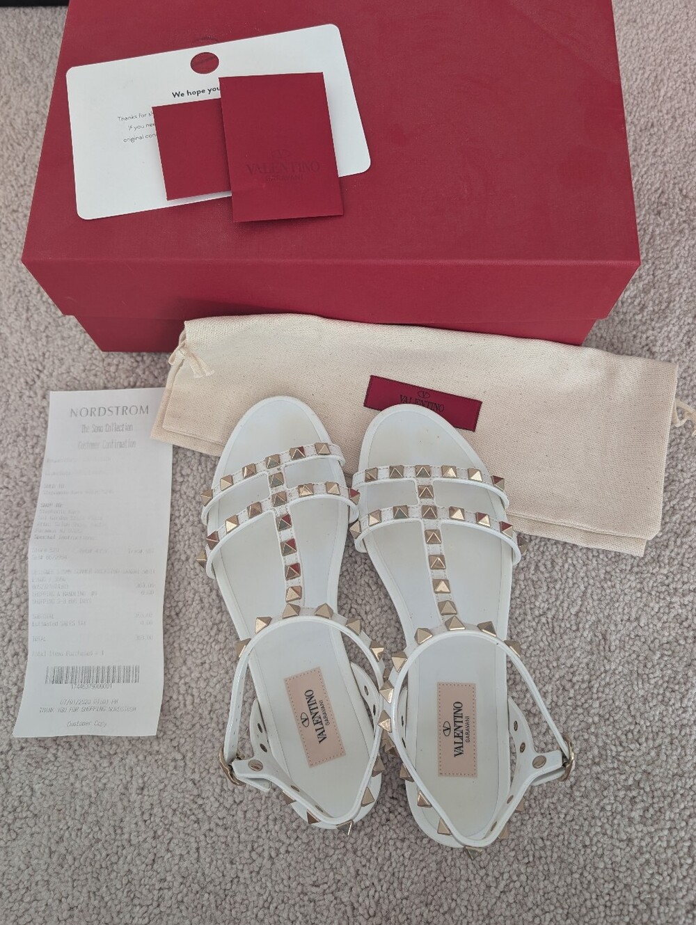 Valentino White Leather Rockstud Ankle-Strap Sandals with Gold Studs